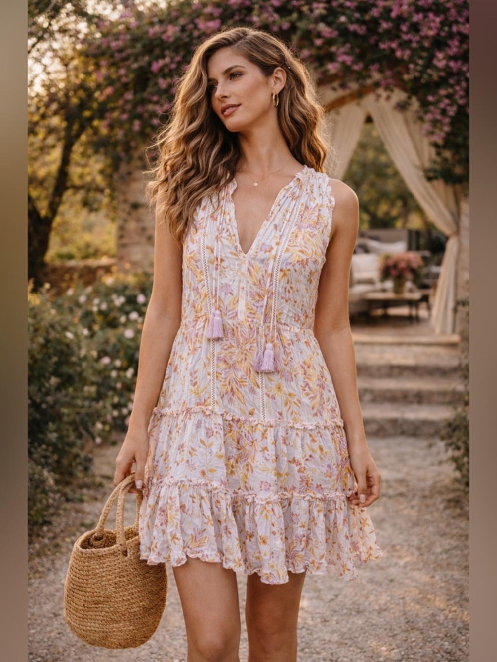 Poupette St Barth Clara Cream Floral Sleeveless V-Neck Mini Dress Small